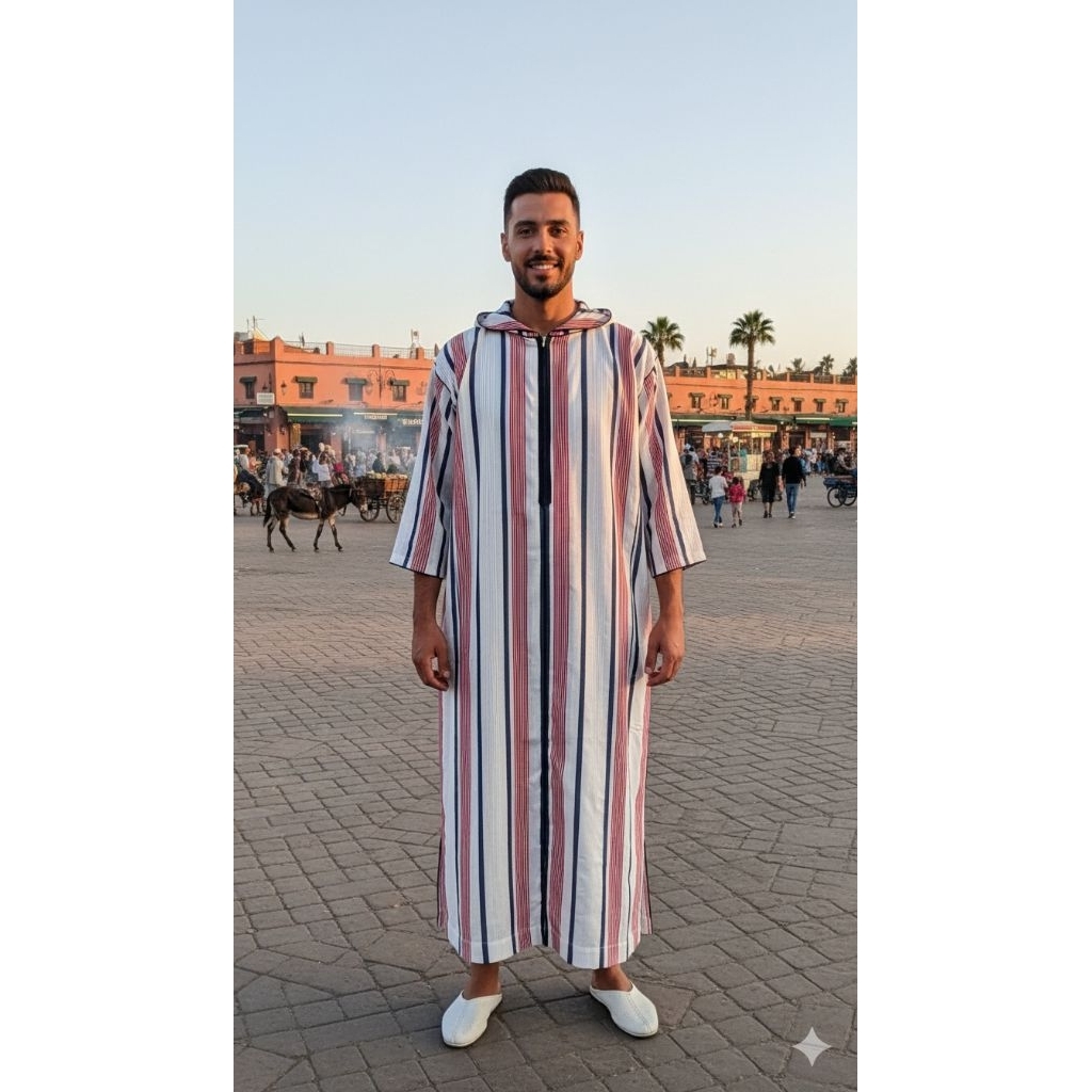 Djellaba.id Gamis Umroh Baju Muslim Jubah Sholat Hoodie Jalabah Kapucong Maroko Pria Katun Salur Nav