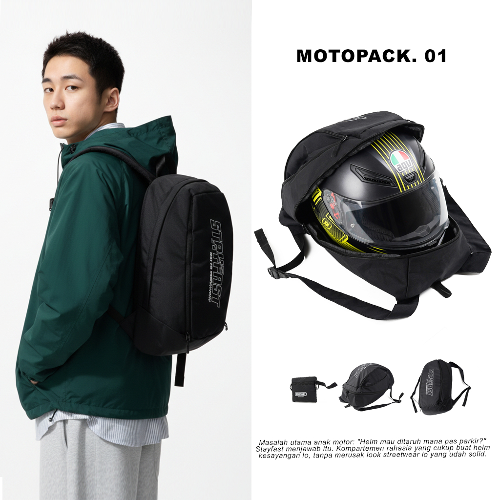 RCKLS Ltd.Tas Helm Motopack STAYFAST Helm FullFace Halfface Motor Ransel Black Backpack