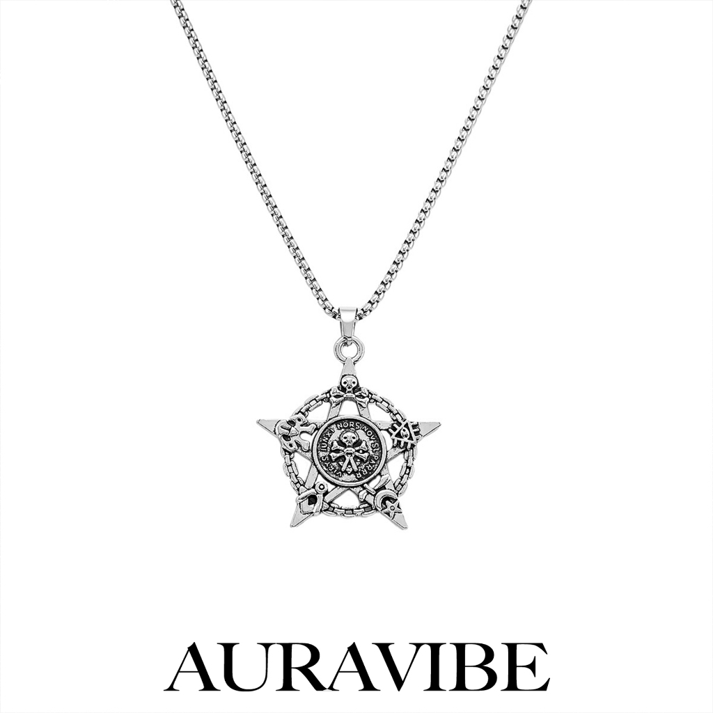 AURAVIBE Kalung Titanium Pria Punk Liontin Tengkorak Bajak Laut & Bintang Pentagram, Aksesori Trendi
