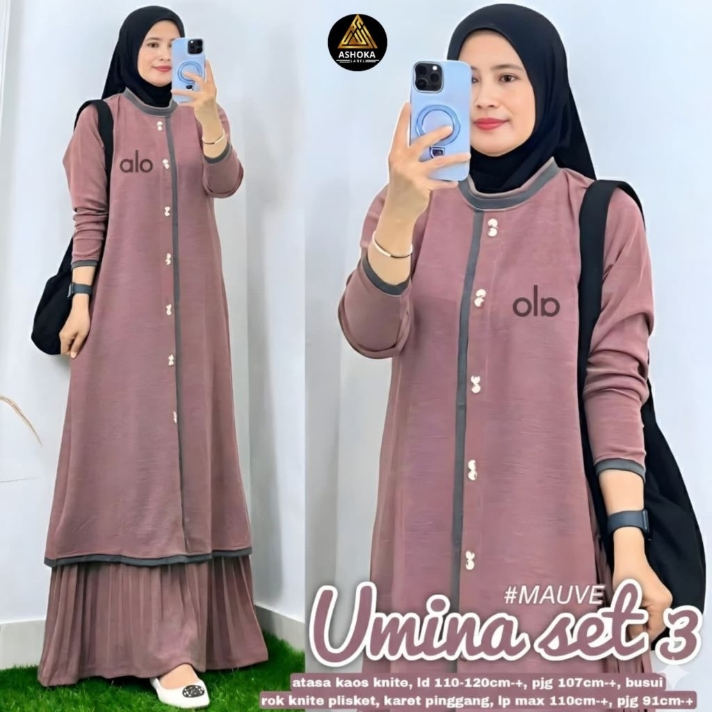 Tunik kaus knit set rok motif plisket umina series Ld 110-120 by Ashoka tunik set rok busui