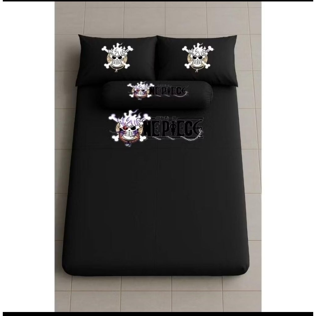 SPREI KARET KATUN PREMIUM 90/100/120/140/160/180/200 Motif one piece hitam putih black white skull a