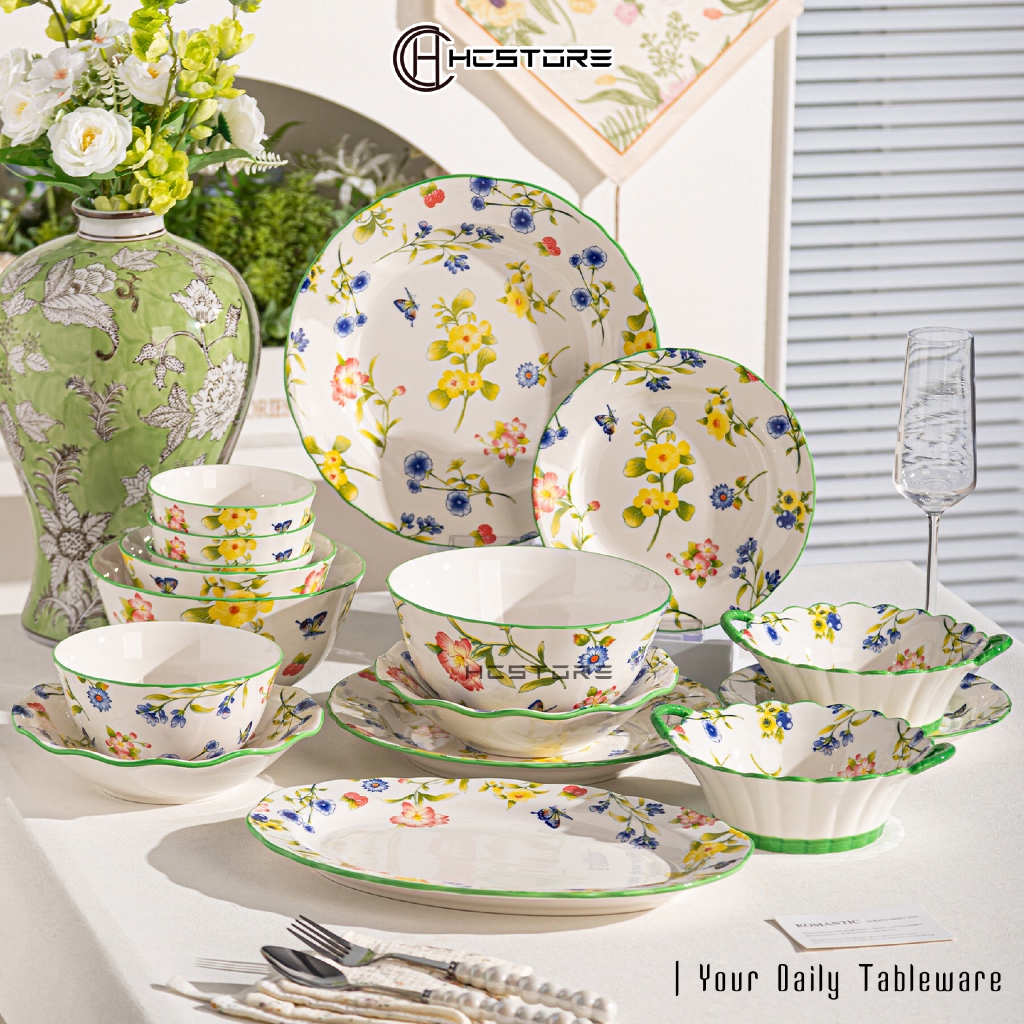 HCSTORE - PIRING MANGKOK KERAMIK MEADOW MOTIF BUNGA HIJAU PIRING SAJI PIRING MAKAN ANTI LUNTUR TAHAN