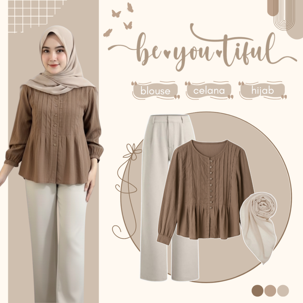 One Set Simpel Kekinian [ Tiffany Blouse + Celana Kulot + Jilbab ] Setelan Wanita One Set - LS38N
