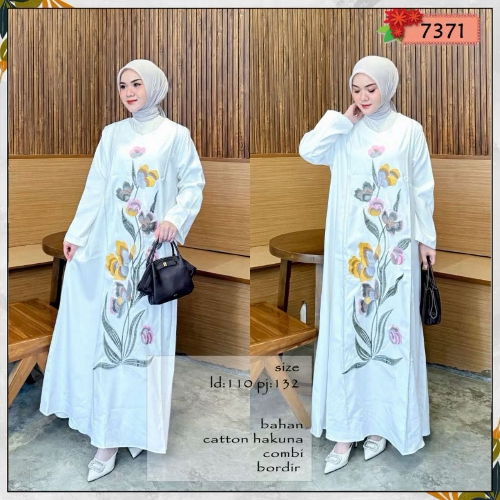 Katun bordir Gamis Lebaran Gamis Warna putih Gamis bunga Gamis Besseller