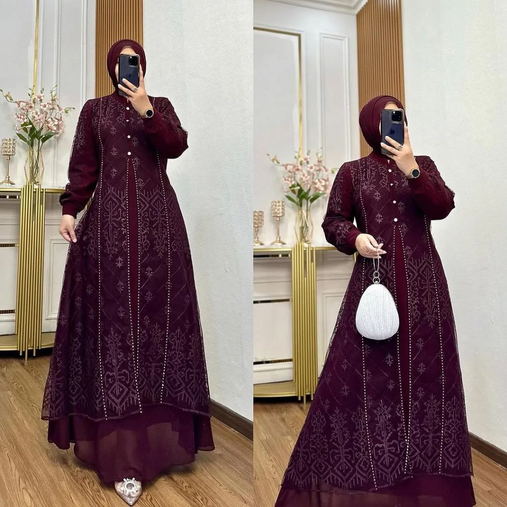 Gamis Lebaran Brukat tile / Gamis Kondangan /Gamis Ceruty Babydoll brukatTile