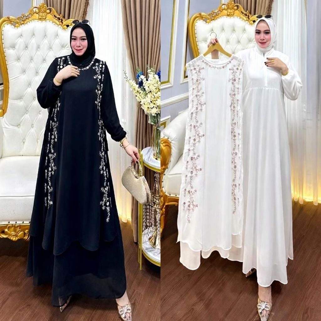 Dress Hitam Putih 2in1 Bahan Ceruty Full Furing / Gamis Polos Cerutty Mix Bordir / Dress Gamis Hitam