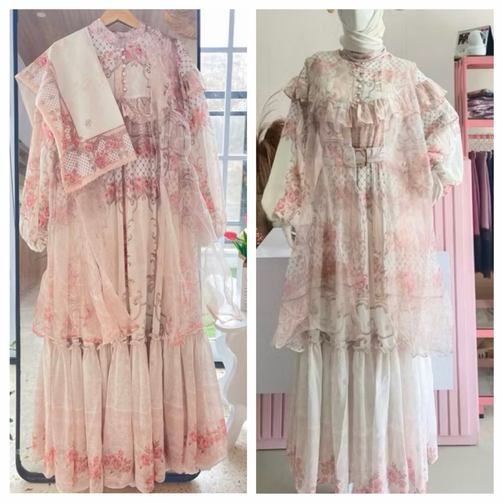 READY SHELLASAUKIA ORi SALE SET HIJAB GAMIS MONOGRAM COKLAT SET HIJAB DRESS TERBARU SS Organza Viral