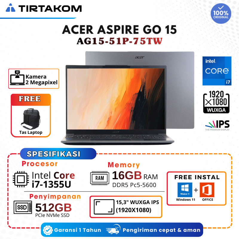 Acer Aspire Go 15 AG15-51p-75TW Intel Core i7-1355u RAM 16GB SSD 512TB Layar 15,3" WUXGA IPS - Grey