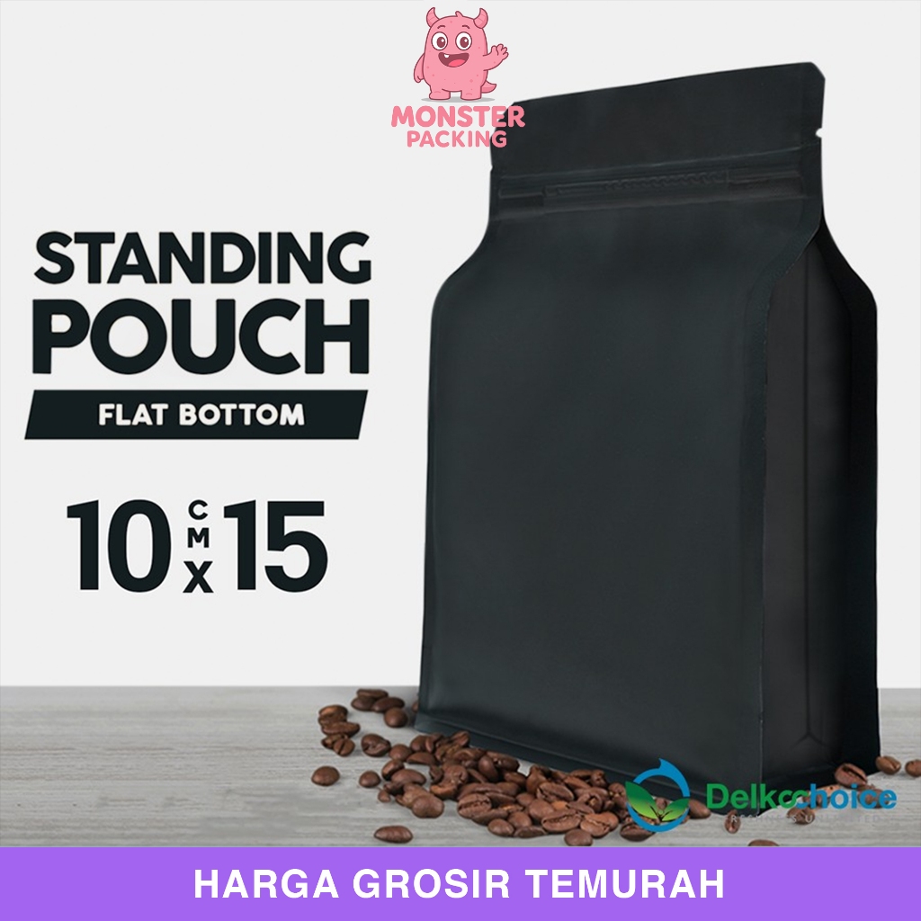 STANDING POUCH ZIPLOCK HITAM METALIZE FLAT BOTTOM 10X15 DELKOCHOICE