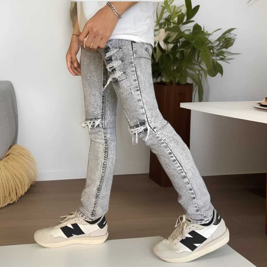 Celana Jeans Panjang Skinny Pria Abu Sanwash Sobek destroy | CELANA JEANS SOBEK PRIA | ABU RIPPED