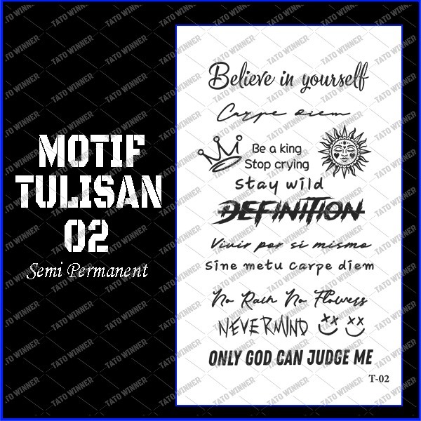 BERTATO-Stiker tato temporer semi permanen tahan lama anti air Kode tulisan-02 / Tato bentuk stiker 