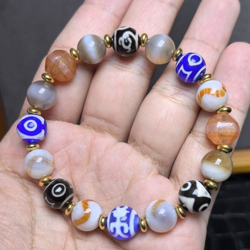 Tibetan Three-Eyed Dzi Bead Bracelet for Women Buddhist Beads Chinese Style Round Beads Bracelet