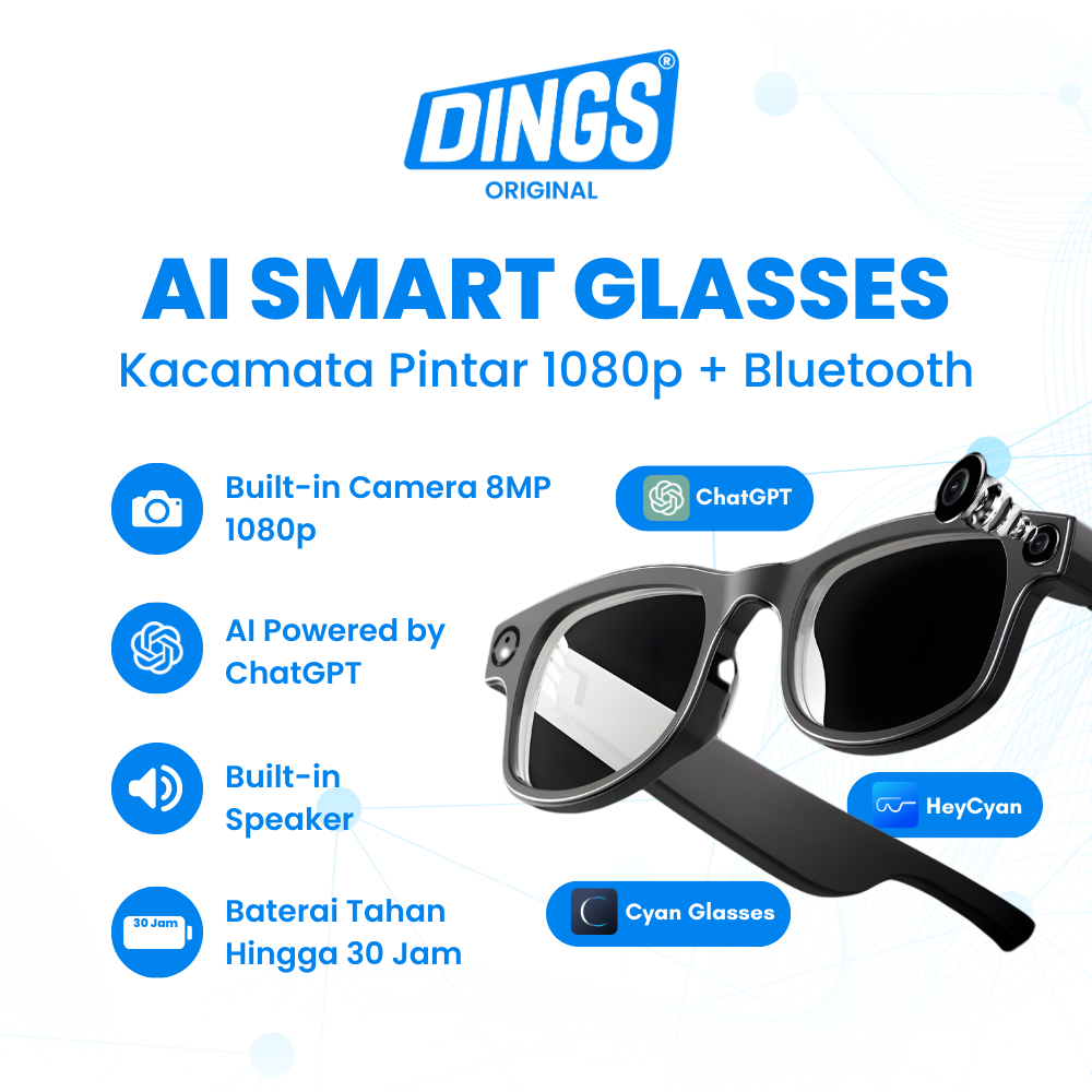 DINGS ORIGINAL AI Smart Glasses ChatGPT Powered | Kamera HD 1080p | Baterai 48 Jam | Smart Glasses A