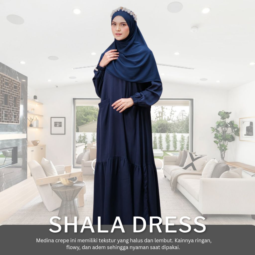Gamis Polos Shala Dress Navy - Dress Muslimah Basic Syari Bahan Adem Jatuh & Nyaman