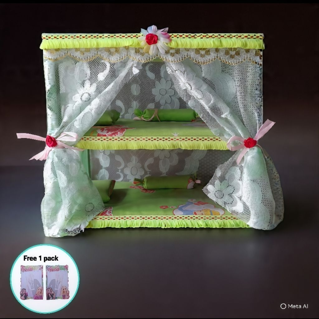 (Free Loose leaf/isi binder 1 pack New) Tempat tidur barbie kelambu mainan ranjang barbie 2 susun