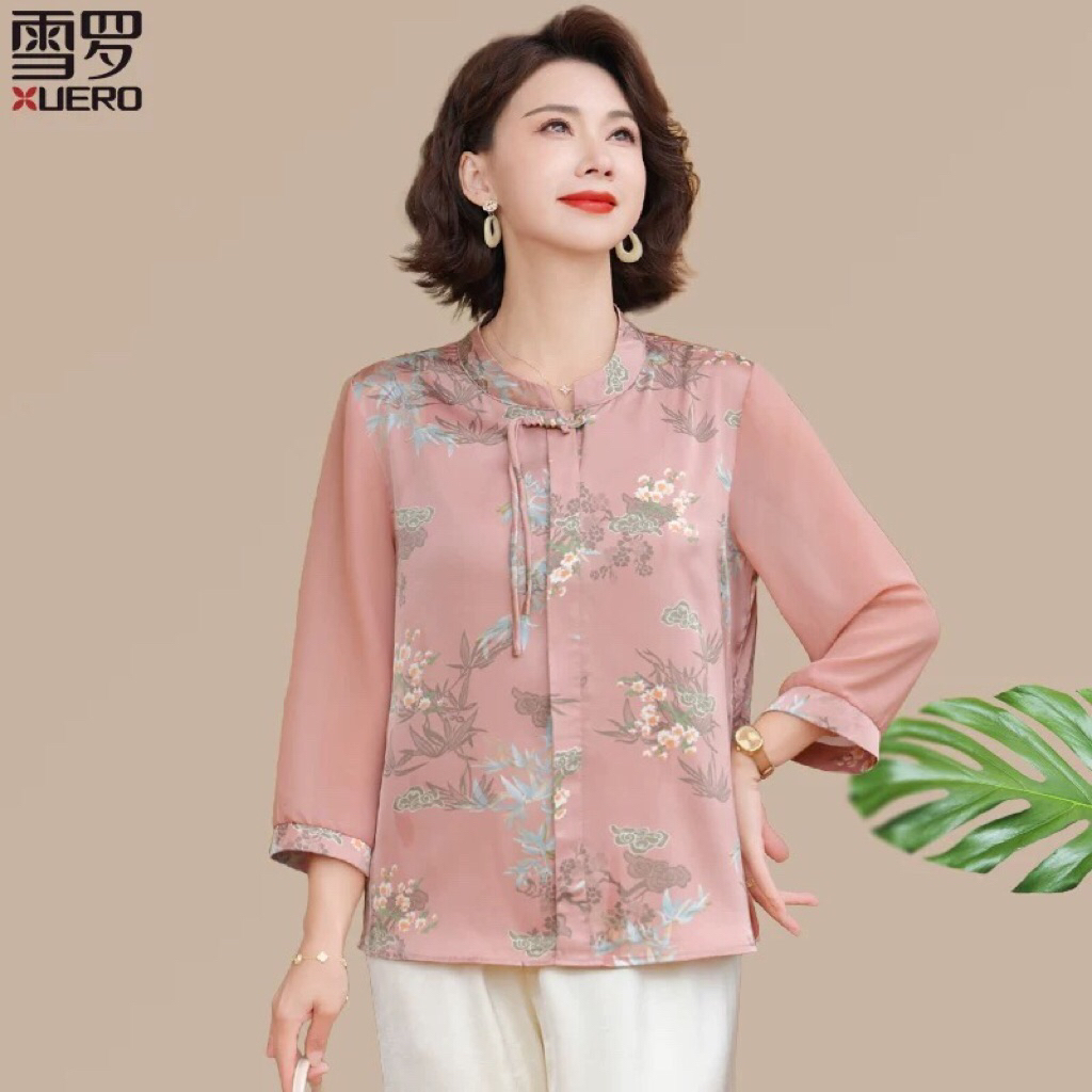 Blus Wanita Dewasa Motif Oriental | Atasan Chiffon Premium Kerah Cheongsam | Baju Elegan Ibu-Ibu
