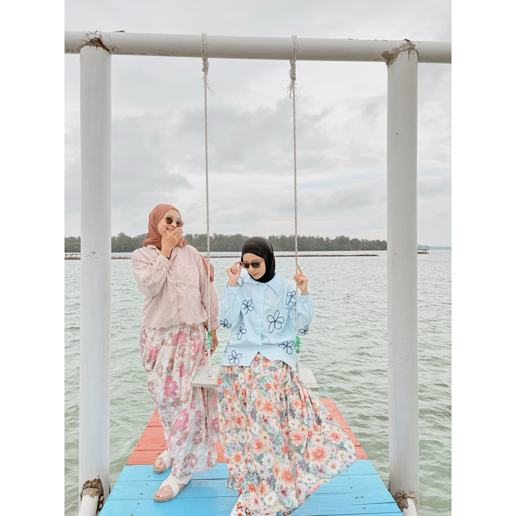 Rok bunga rayon flowly rayon adem Rok panjang Korea style Rok rempel