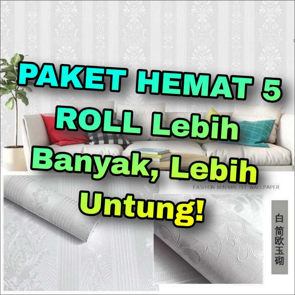 PAKET HEMAT 5 ROLL // COD Wallpaper Sticker Dinding Motif abu salur renggang Polos Putih Salur Batik