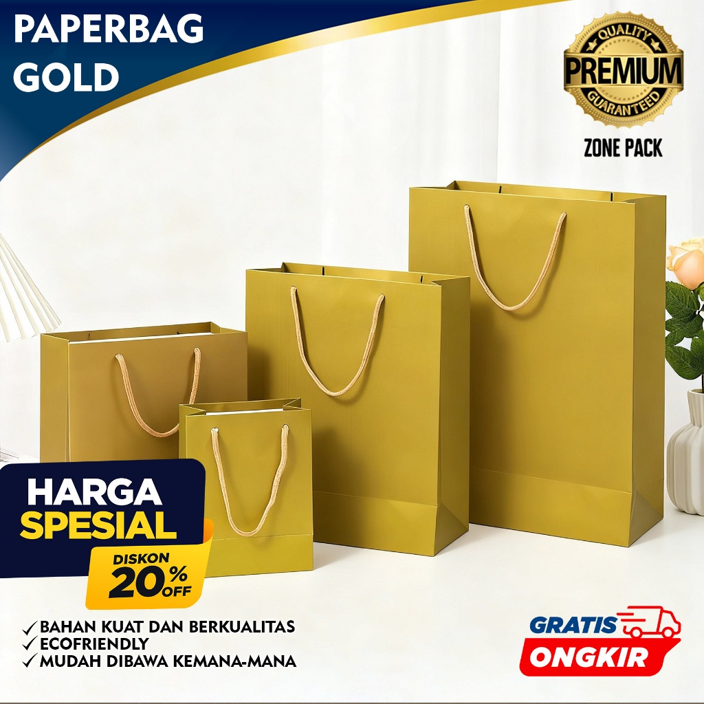 Paper Bag Gold  | Paper Bag Polos Kraf Gold Hadiah | Paper Bag Hampers Kado Souvenir | Tas Pembungku
