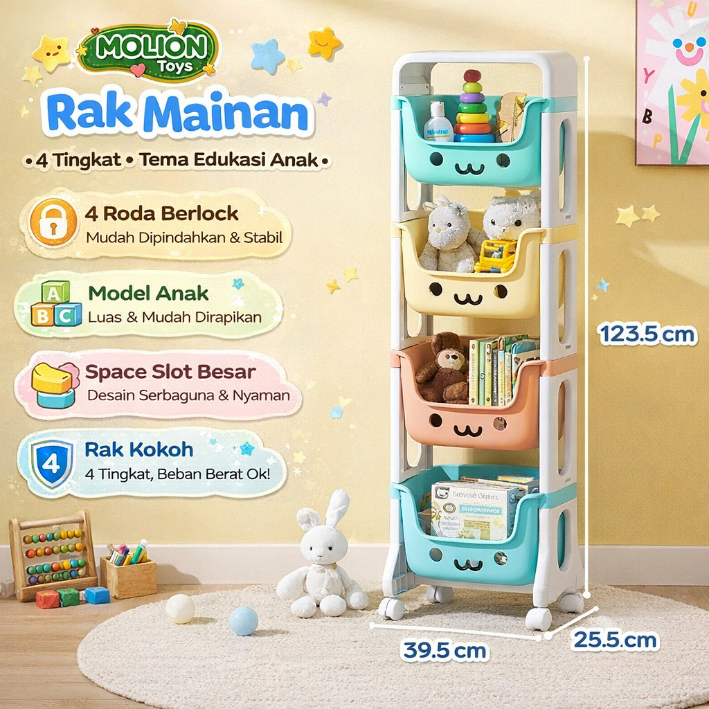 Rak Mainan Anak 4 Susun Q2-8804 – Rak Plastik Roda Serbaguna untuk Mainan & Buku | MOLION TOYS
