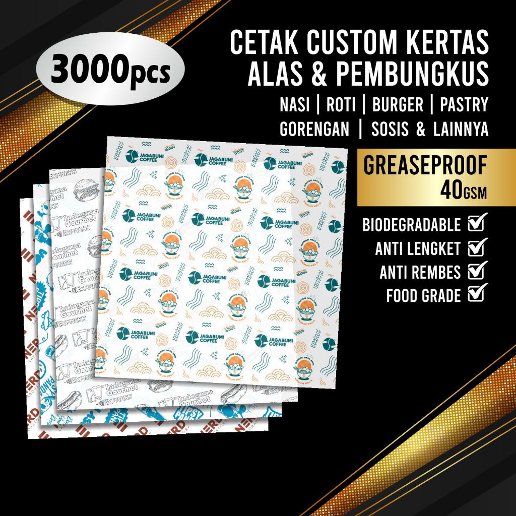 (3000pcs) CUSTOM ALAS KERTAS PEMBUNGKUS NASI MAKANAN ROTI BURGER PASTRY KEBAB SOSIS FOOD PAPER WRAP