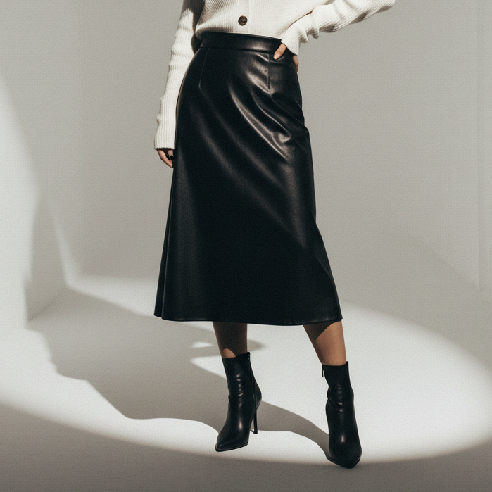 Rok Panjang A-Line Kulit PU Wanita High Waist dengan Resleting – Pesta & Kantor