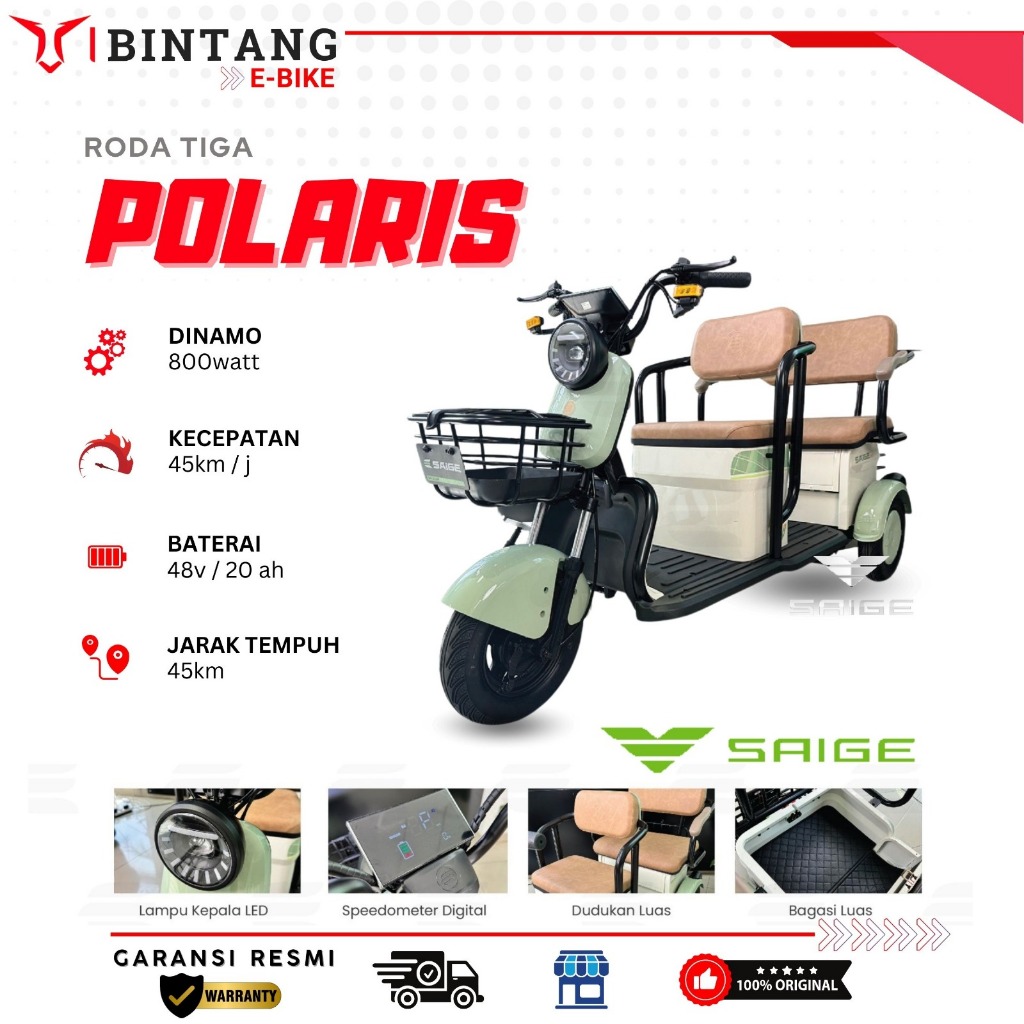 [ PROMO ]  SEPEDA LISTRIK SAIGE POLARIS RODA 3 TERBARU | 800W | BERGARANSI RESMI