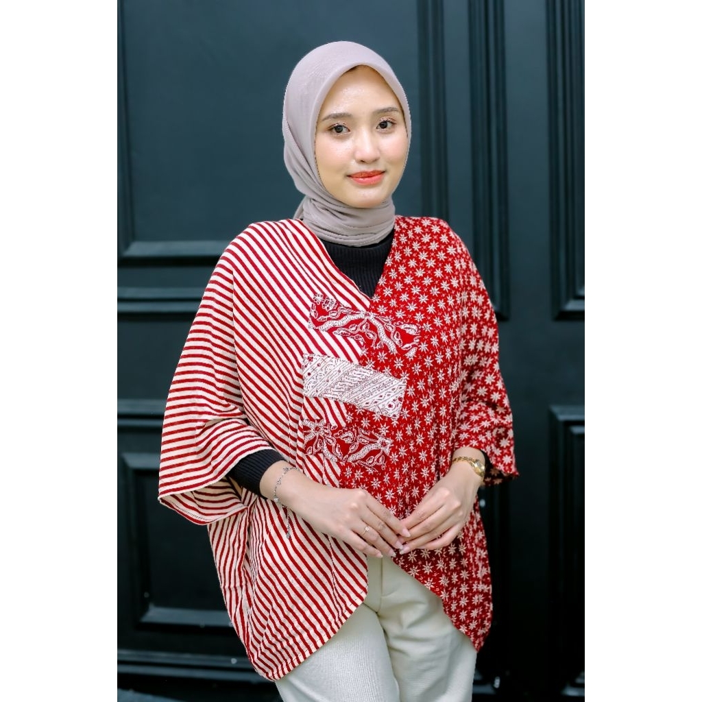 Lowo Batik Wanita Premium – Atasan Batik Kombinasi Merah, Model Kekinian, Bahan Adem Nyaman, Fashion