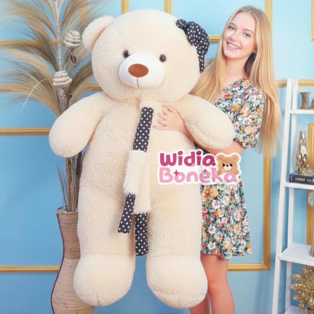 Widia Boneka Boneka jumbo giant beruang teddy bear 1 meter topi syal warna krem milo coklat pink ung