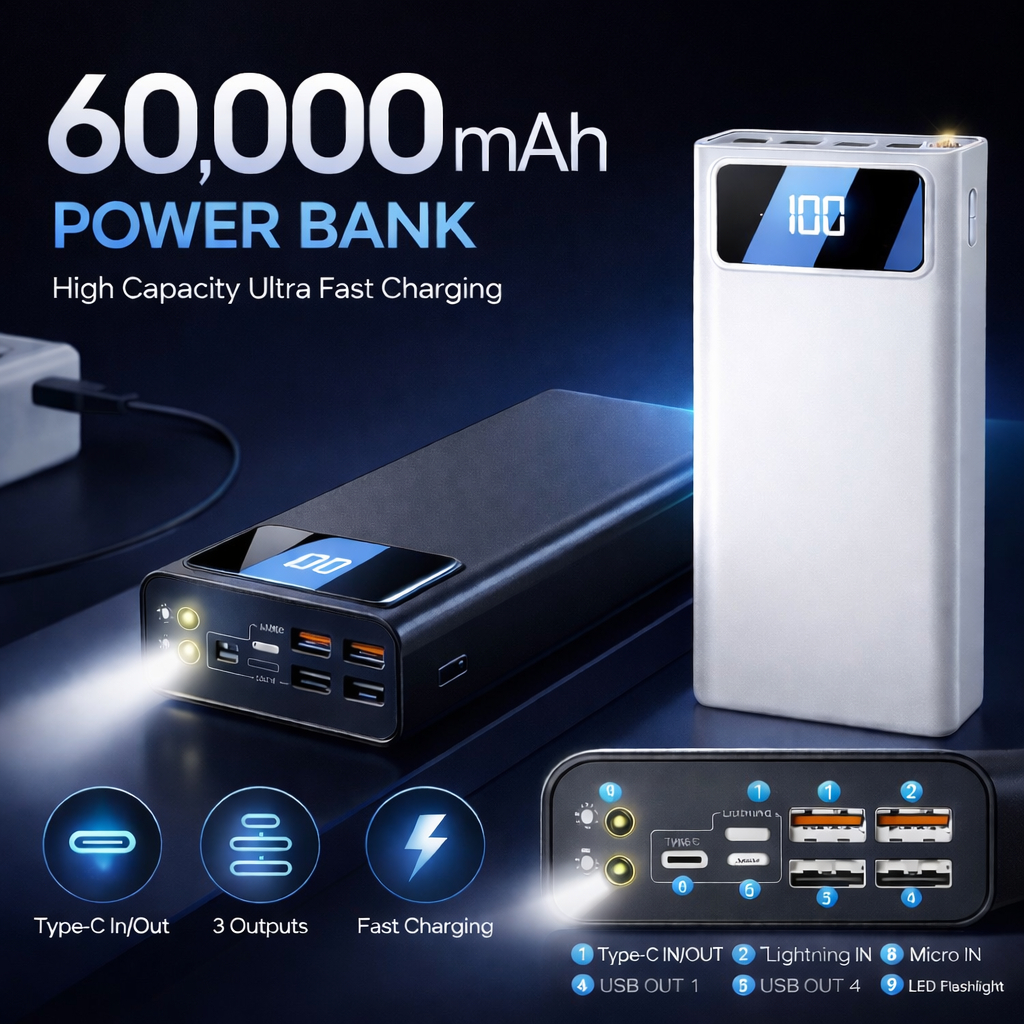 60000mAh Powerbank Fast Charging Full Capacity 4 USB Charge Ports PD Fast Charging Power bank 60000 