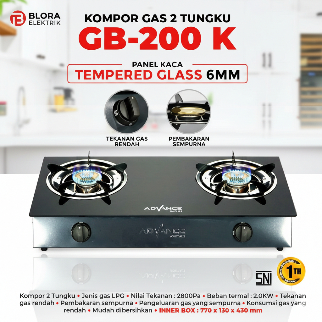 Kompor Gas Advance GB-200K Kompor Gas Kaca 2 Tungku anti pecah