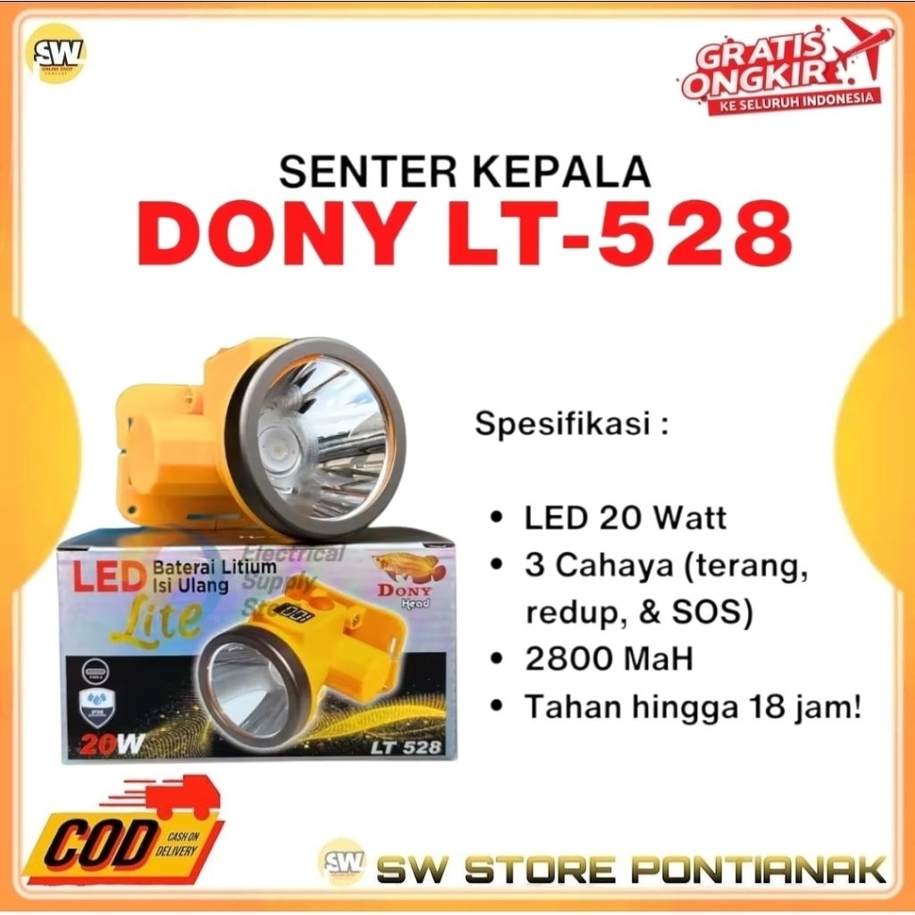 ORIGINAL NEW DONY LT-528 LITE SENTER KEPALA DONY 20 WATT LED BATERAI LITHIUM ISI ULANG LEBIH FOKUS D