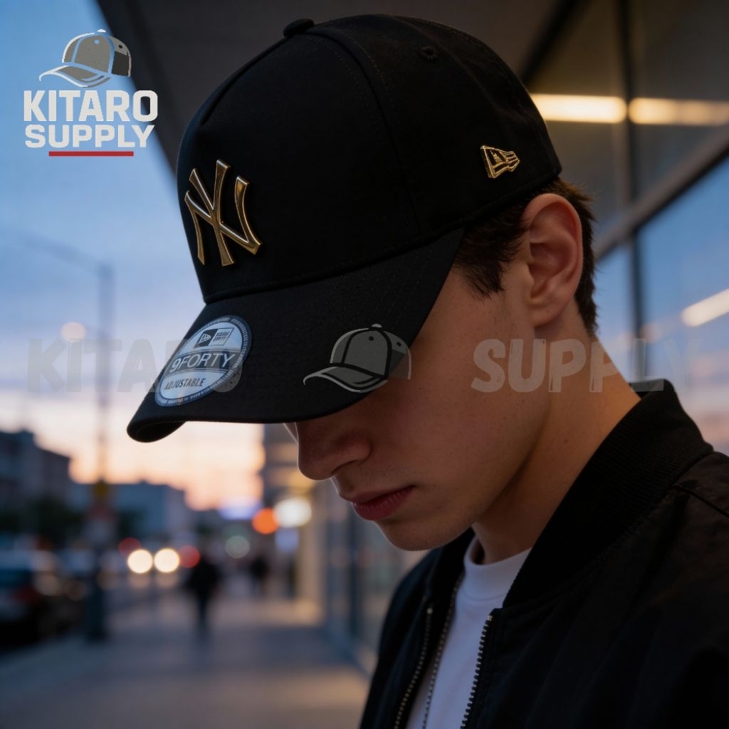 Topi New Era 9FORTY NY New York Yankees A-Frame Black Gold Silver Metal Logo Original Import Topi Ba
