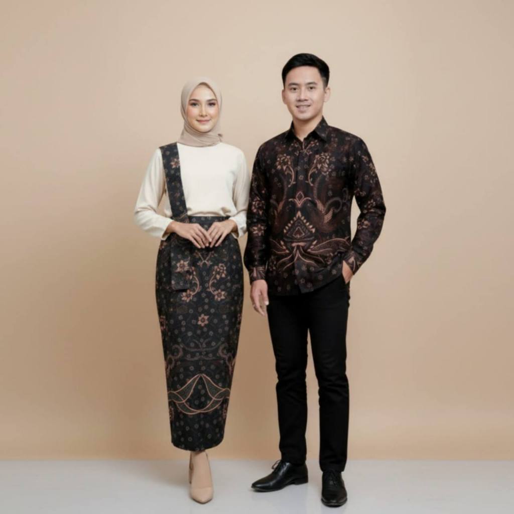 Couple Set Kemeja Batik dan Rok Span Motif Sentani Hitam Kombinasi Mahogany by Nuansa Batiku