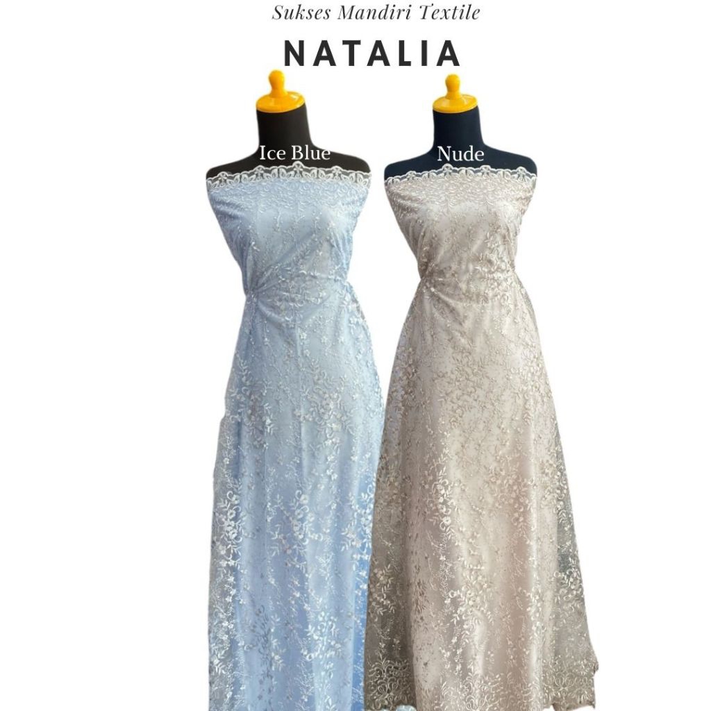 [NATALIA] Brokat Brukat Tile Motif Bunga Payet Premium Mewah Warna Nude dan Ice Blue | Harga ½ meter