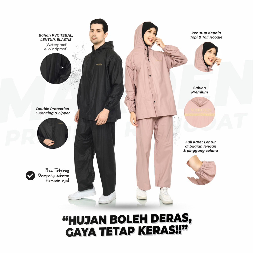 JAS HUJAN WANITA PRIA BY MAROEN ORIGINAL RAINCOAT SETELAN BAJU CELANA BAHAN TEBAL PVC 0.25 MURAH GRO