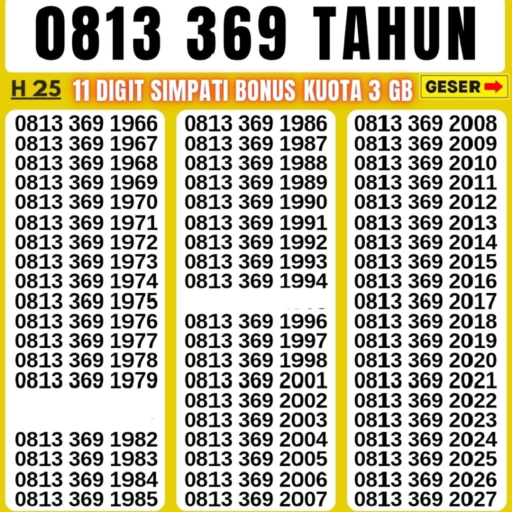 11 DIGIT TELKOMSEL BONUS KUOTA 3GB NOMOR CANTIK HOKY 369 SUPPORT 4G&5G SIMPATI TELKOMSEL KWARTED TRI