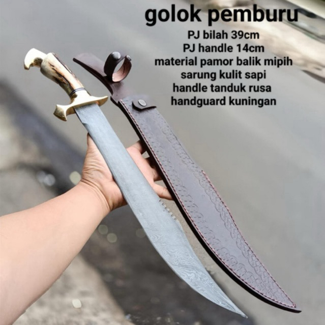 Pisau berburu survival baja damaskus premium Sarung kulit premium