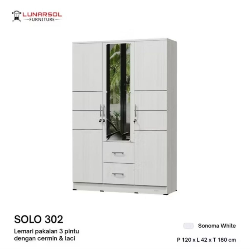 Lemari baju pakaian 3 pintu Lunarsol LPT 336 / SOLO 302 gamis putih - BANDUNG saja