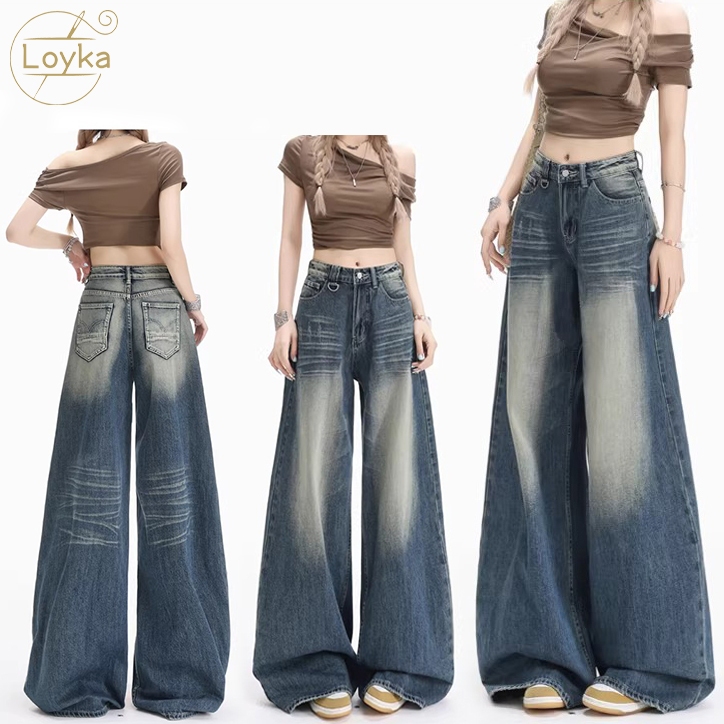 Loyka Plus Size JEANS WANITA Gaya Amerika - Wide Leg High Waist Longgar, Panjang Menyapu Lantai (Tou