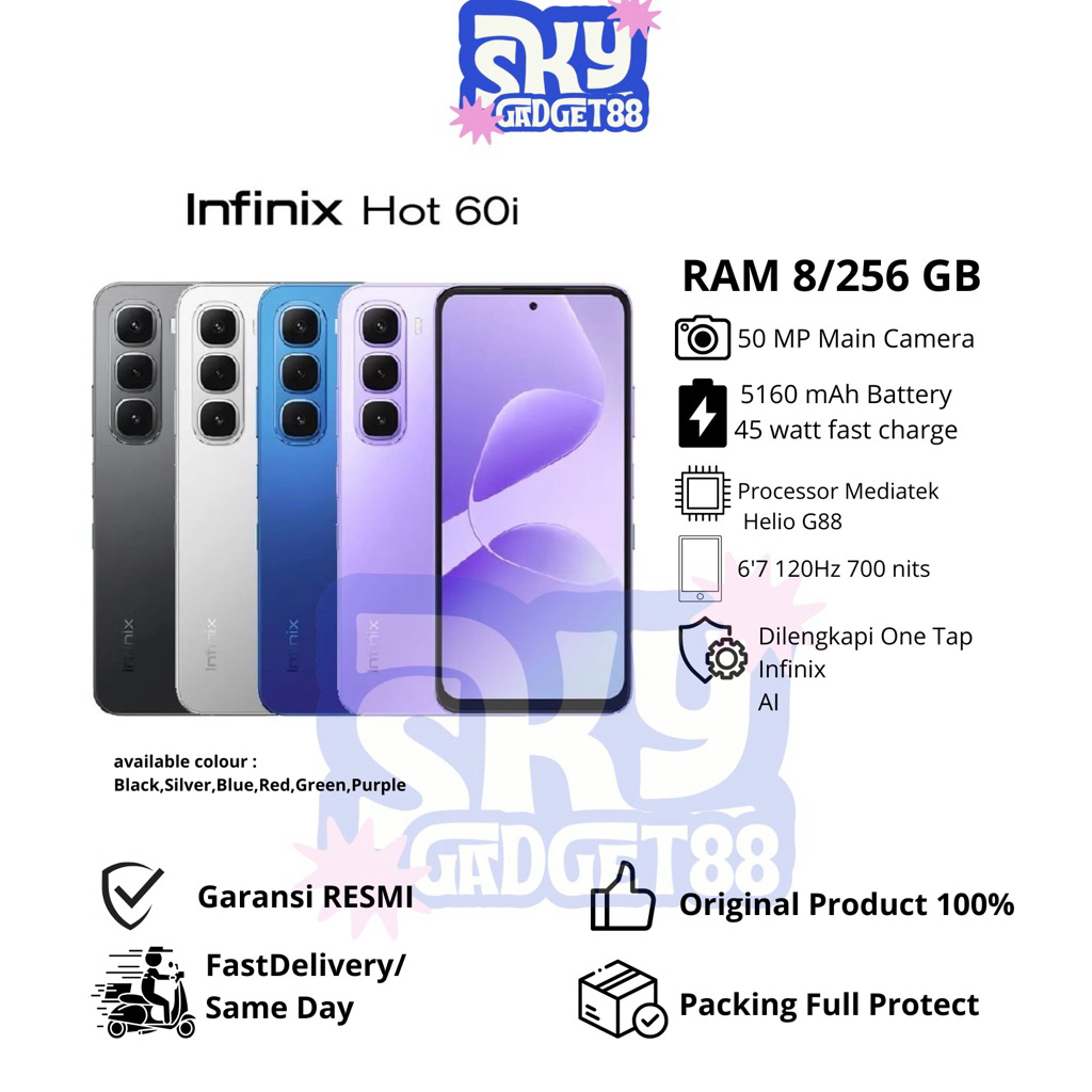 [BARU & GARANSI RESMI] INFINIX HOT 60i RAM 8/256 GB kamera utama 50MP, baterai 5160mAh dengan fast c