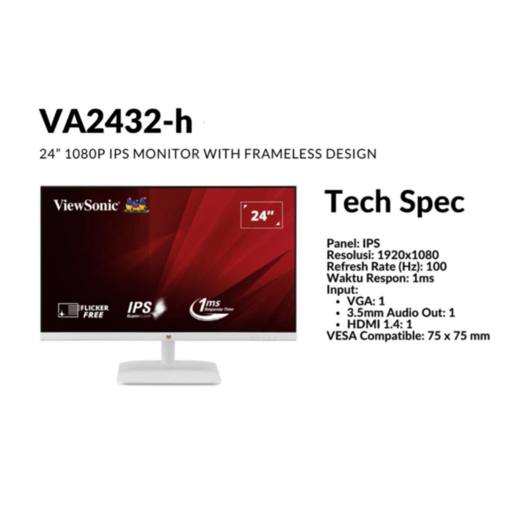 Monitor LED Viewsonic VA2432-H FHD IPS 100Hz 1ms Vesa VA2432H White - VA2432-H