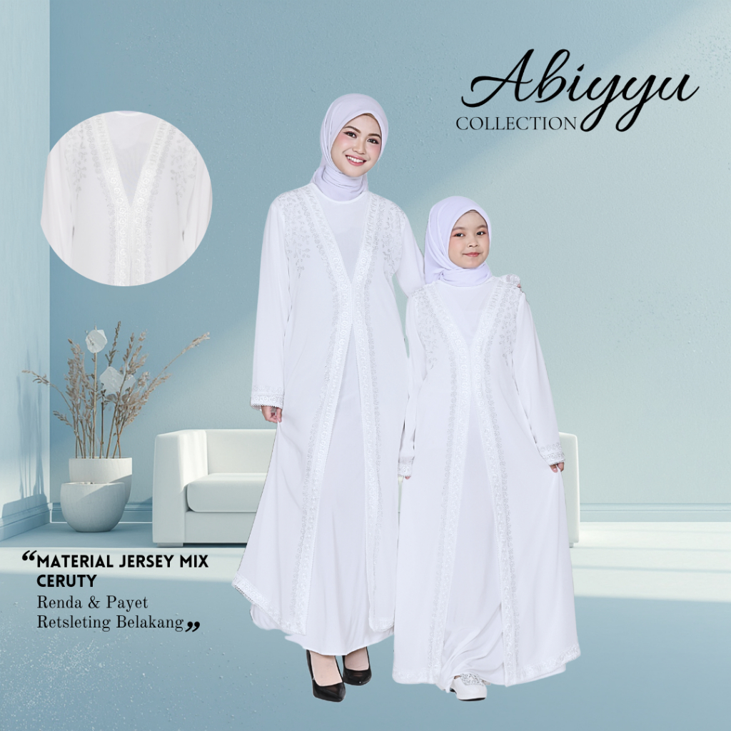 Abiyyuco TA9073 | Abaya Turki Couple Ibu dan Anak Perempuan Remaja Usia Tanggung Hitam Putih Bordir 