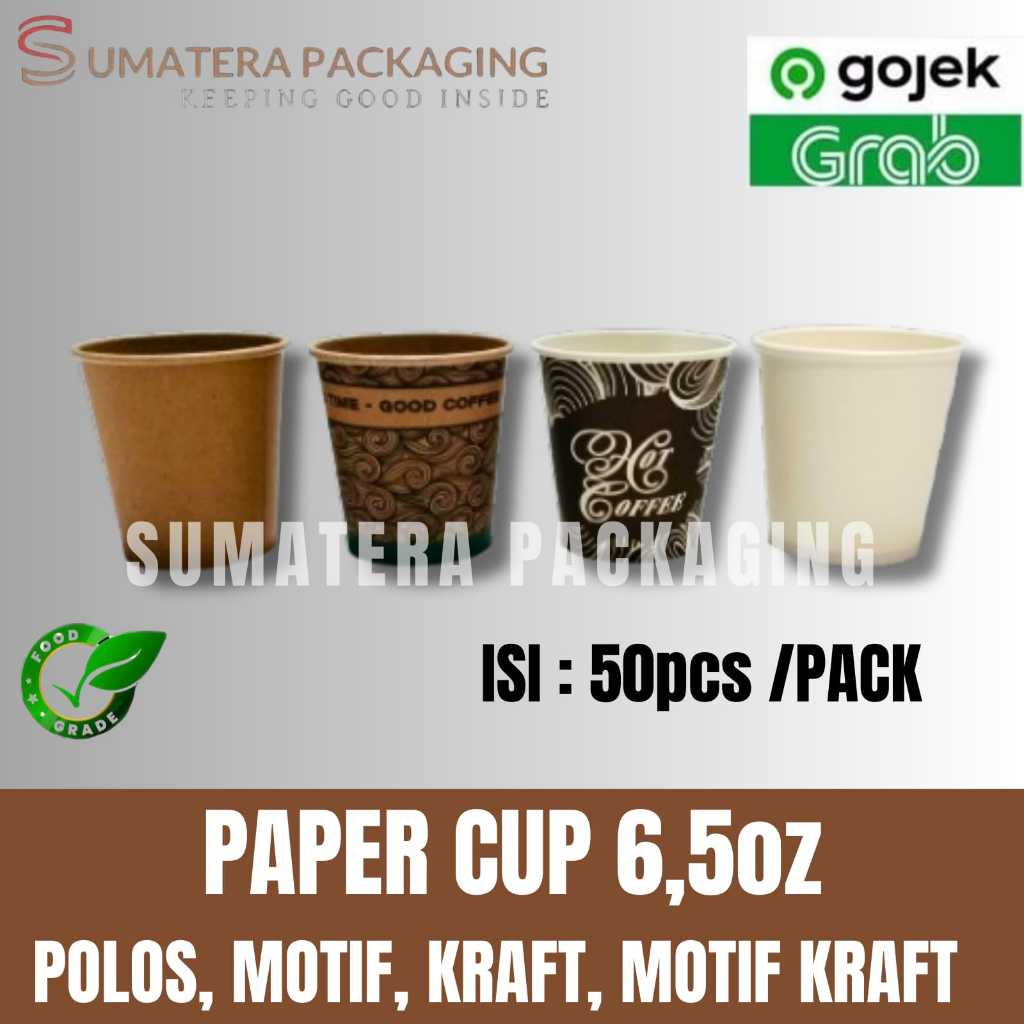 Paper Cup 6.5oz isi 50pcs /pack 6,5 oz Tebal Gelas Kertas Kopi Tahan Panas Putih | Polos | Motif | K