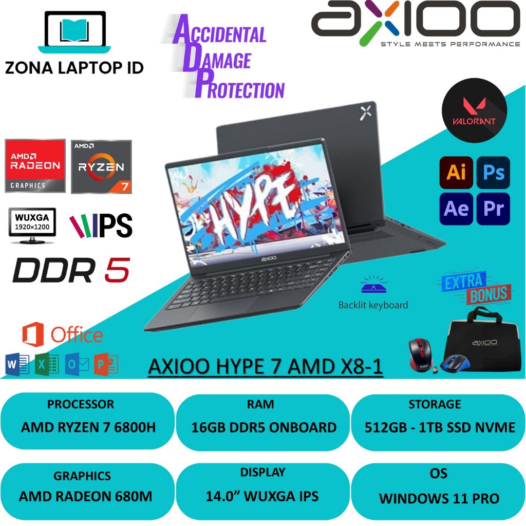 Laptop Axioo Mybook HYPE 7 X8 Ryzen 7 6800H 32GB 1TB SSD 14.0 FHD IPS Windows 11 Pro Original