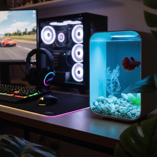 Aquarium unik dengan Lampu  Blue (biru)Aquarium Aesthetic/Akuarium mini/Akuarium Cupang