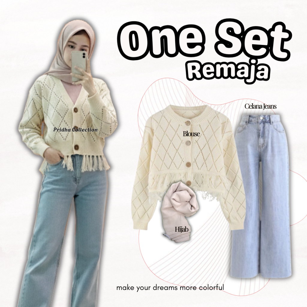 One Set Remaja Dewasa Kekinian Korean Style ( Atasan Cardigan Rajut + Celana Jeans Loose + Hijab )