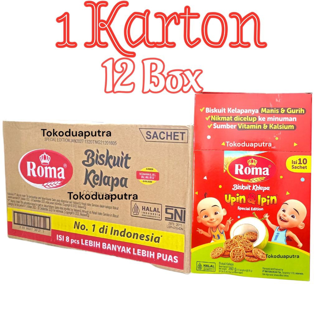 Roma kelapa Sachet Upin Ipin 1 KARTON isi 12 BOX @10 Sachet / Roma Biskuit kelapa Sachet Upin Ipin