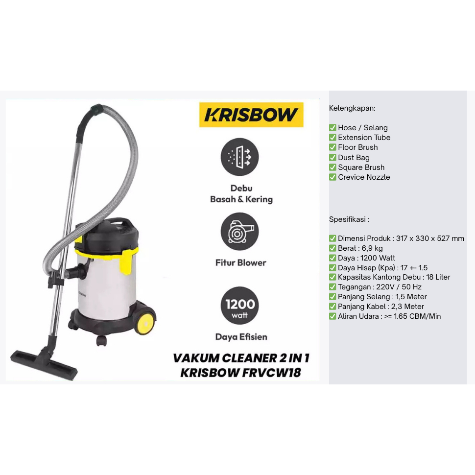 KRISBOW Wet and Dry Vacuum Cleaner 2in1 18 Liter Capacity