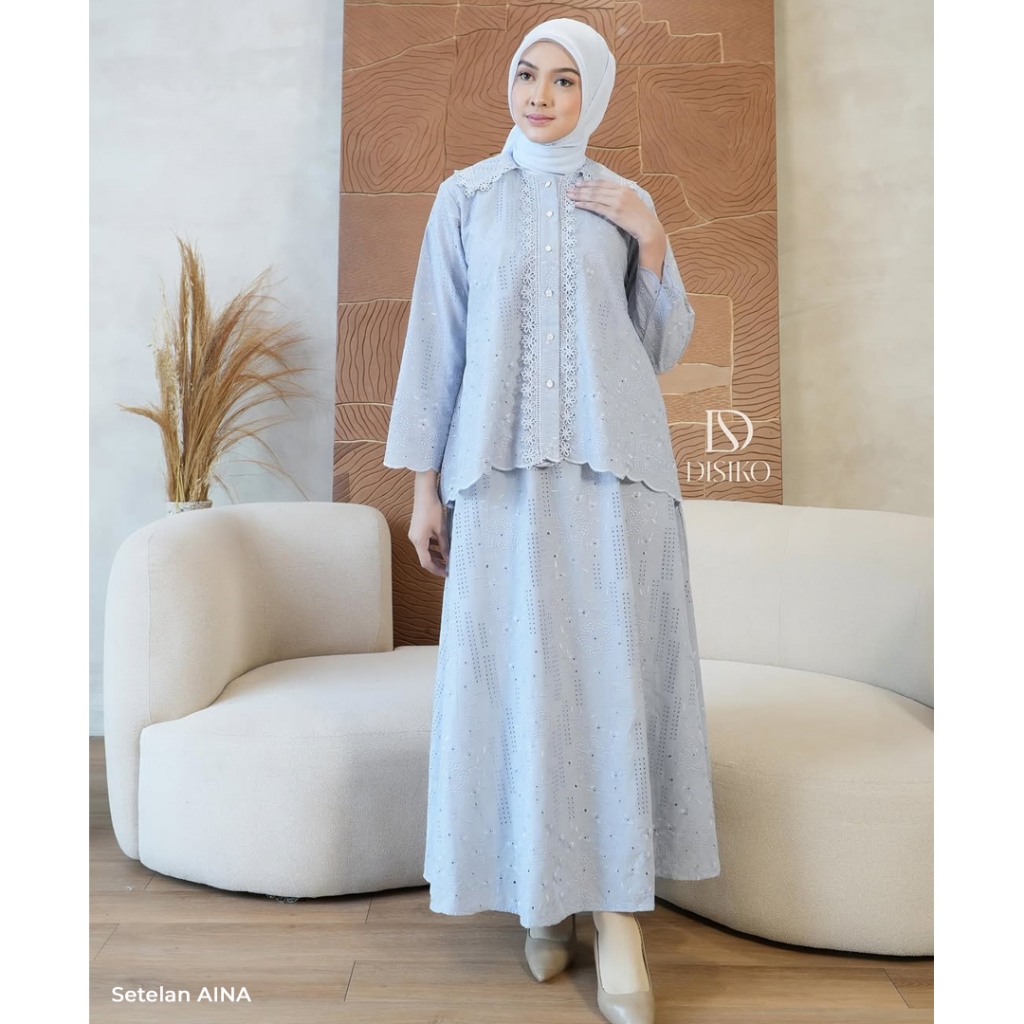Disiko Set AINA Setealn Kemeja & Rok Bahan Katun Bordir Bolong Dengan Furing Pakaian Pesta Mewah Ele